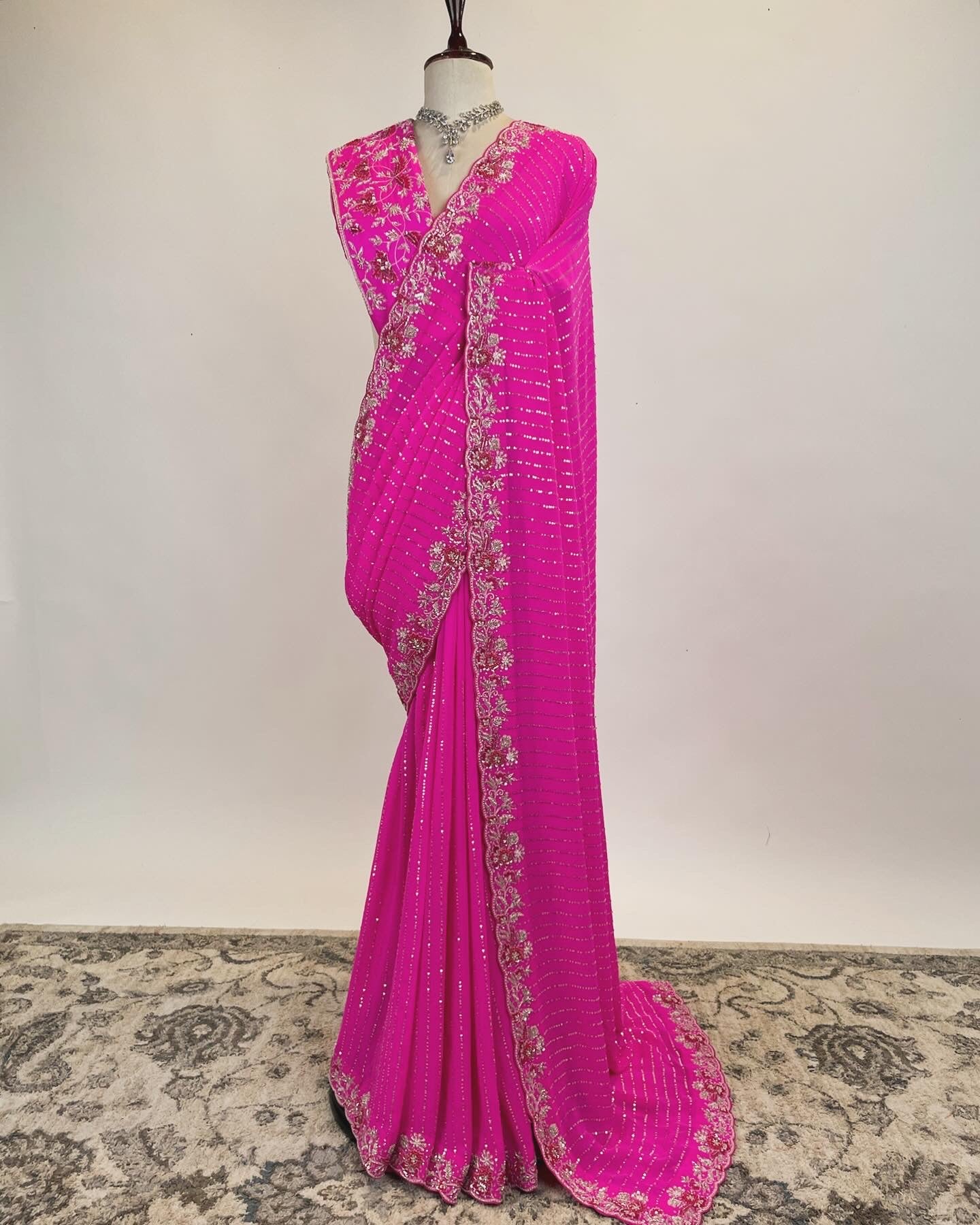 Hot Pink Gorgette Saree in Zardosi, Resham and Tiki work