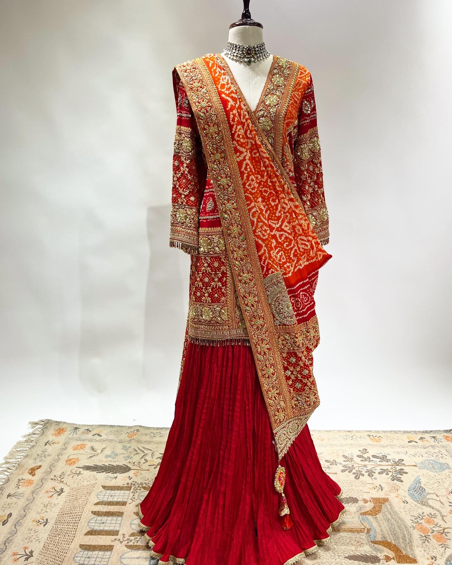 RED BANDHEJ  ON BANDHEJ SHARARA SET IN ZARDOSI & RESHAM WORK EMBROIDERY