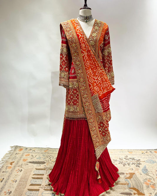 RED BANDHEJ  ON BANDHEJ SHARARA SET IN ZARDOSI & RESHAM WORK EMBROIDERY