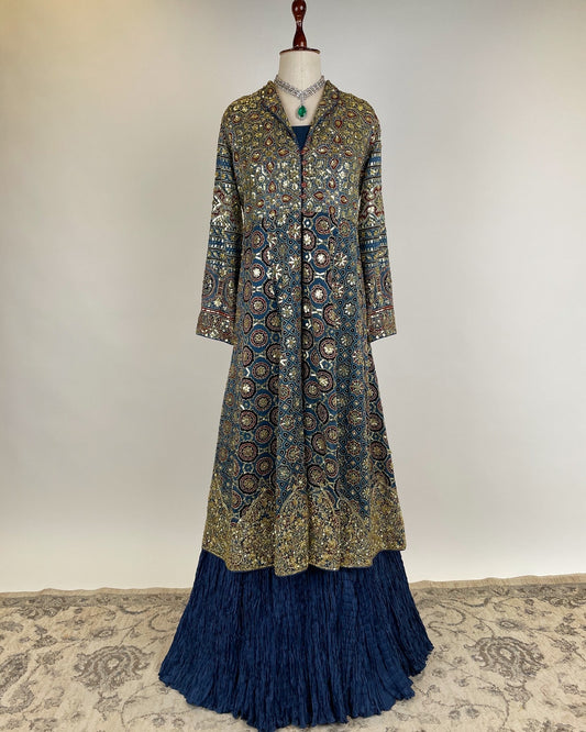 BLUE AJRAKH JACKET WITH ZARDOZI WORK PAIRED WITH CRUSHED SHARARA