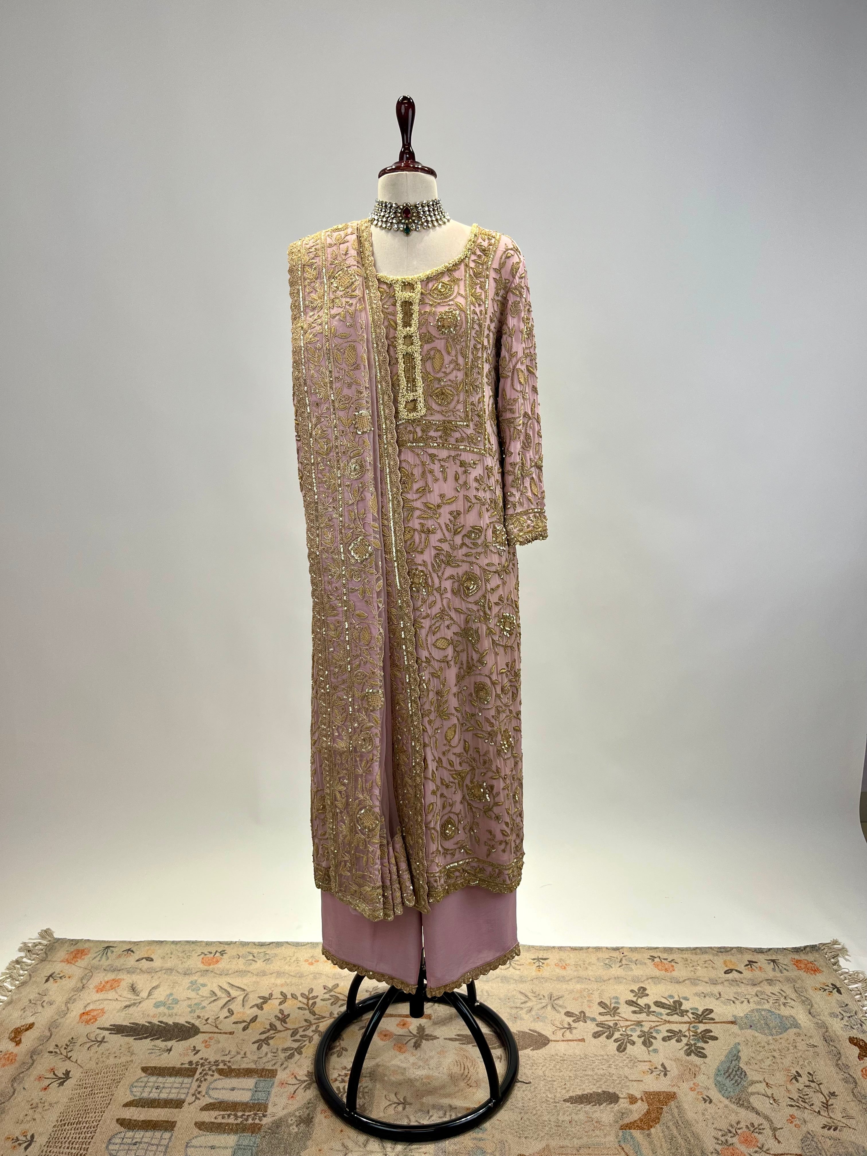 Antique Marodi detailed Chiffon Kurta Set with Organza embroidered dupatta