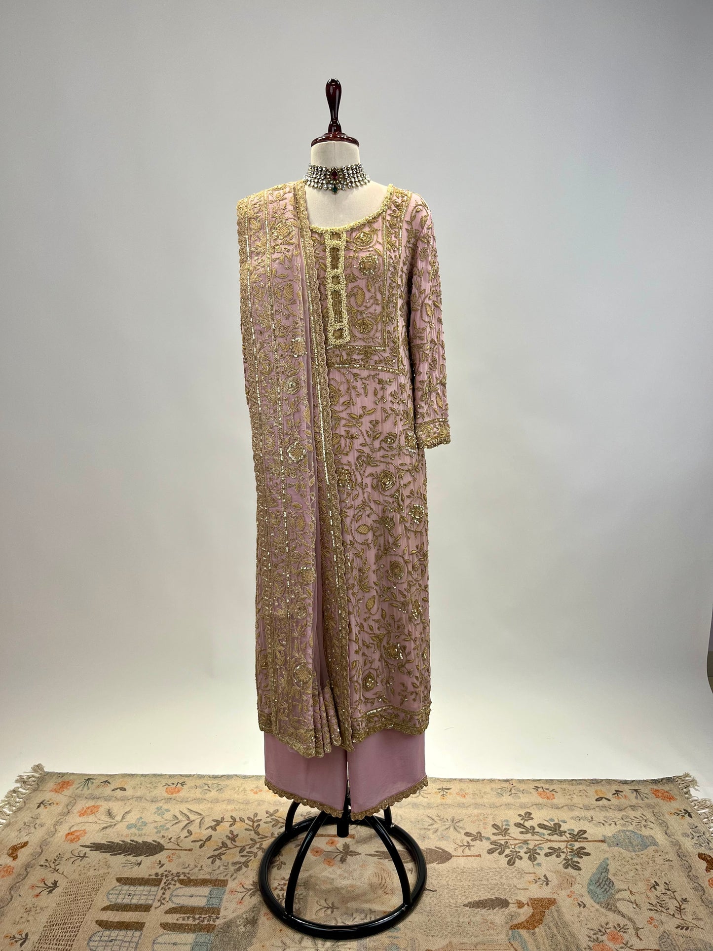 Antique Marodi detailed Chiffon Kurta Set with Organza embroidered dupatta