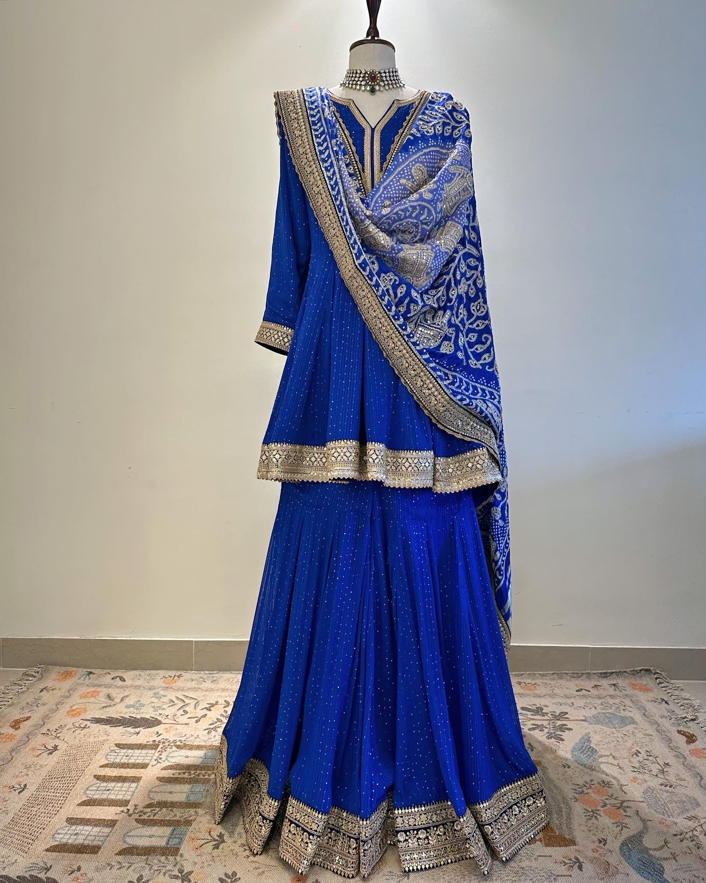 ROYAL BLUE SHARARA KURTA SET WITH RAAS BANDHEJ DUPATTA IN GOTA & FINE PEARL WORK