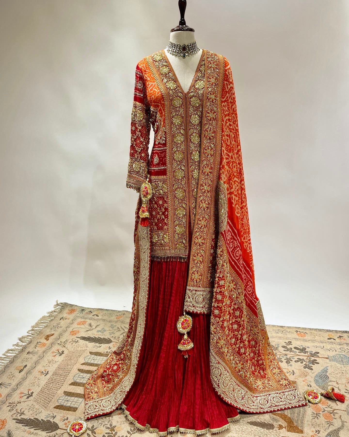 RED BANDHEJ  ON BANDHEJ SHARARA SET IN ZARDOSI & RESHAM WORK EMBROIDERY