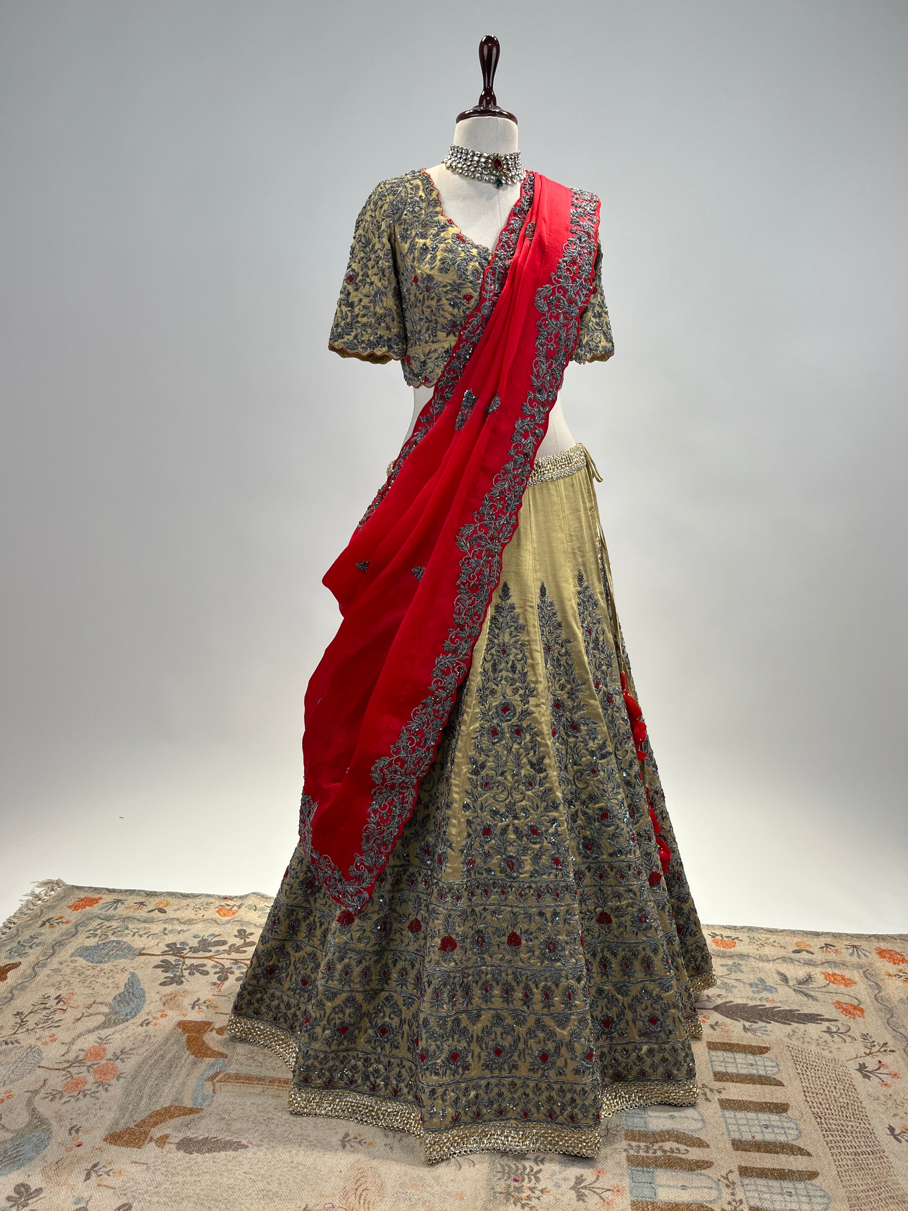 Handloom Tissue Silk Lehenga with Antique Zardosi and Red Resham Work