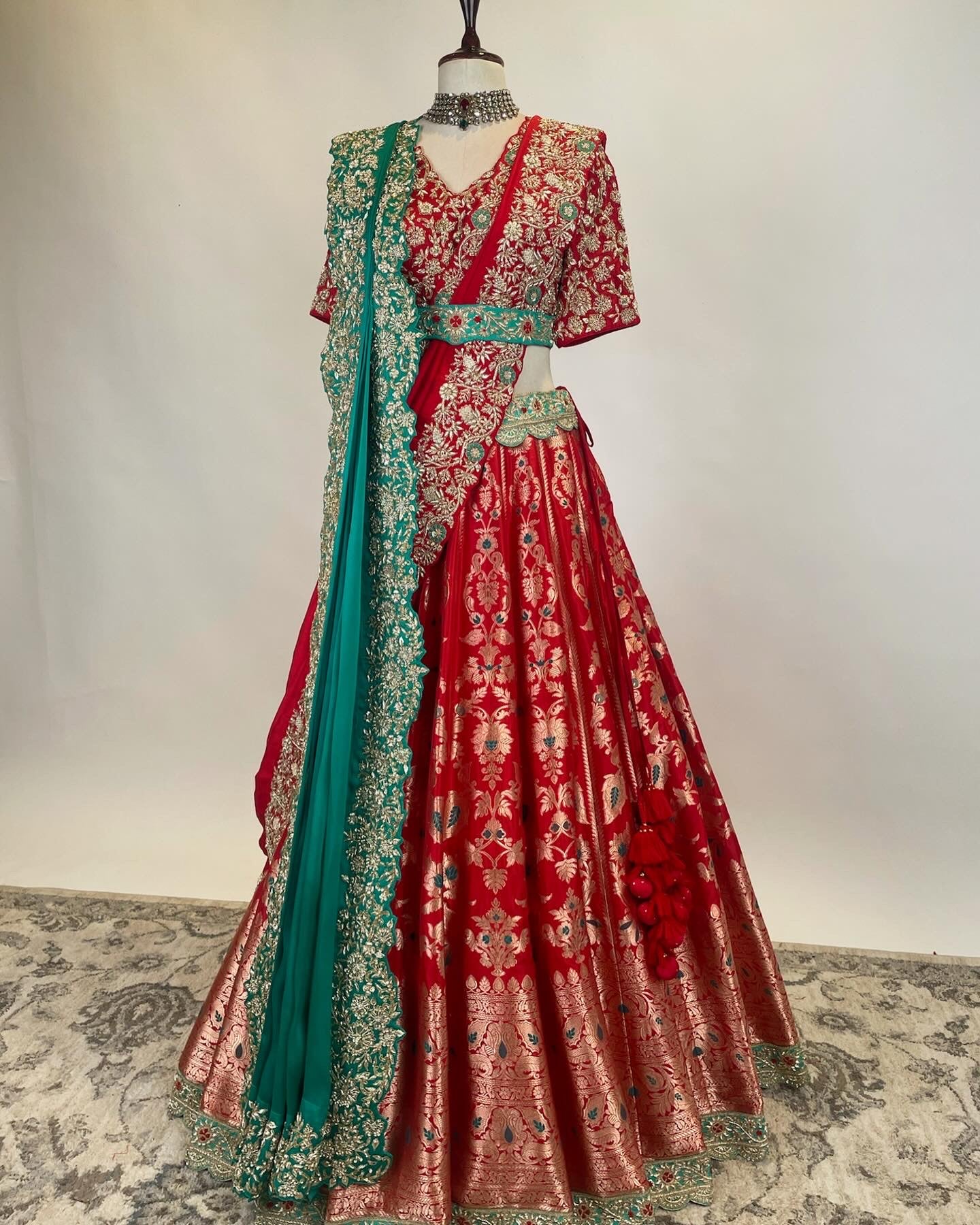 Kadwa Benarasi Lehenga in Zardosi with double drape dupatta and belt