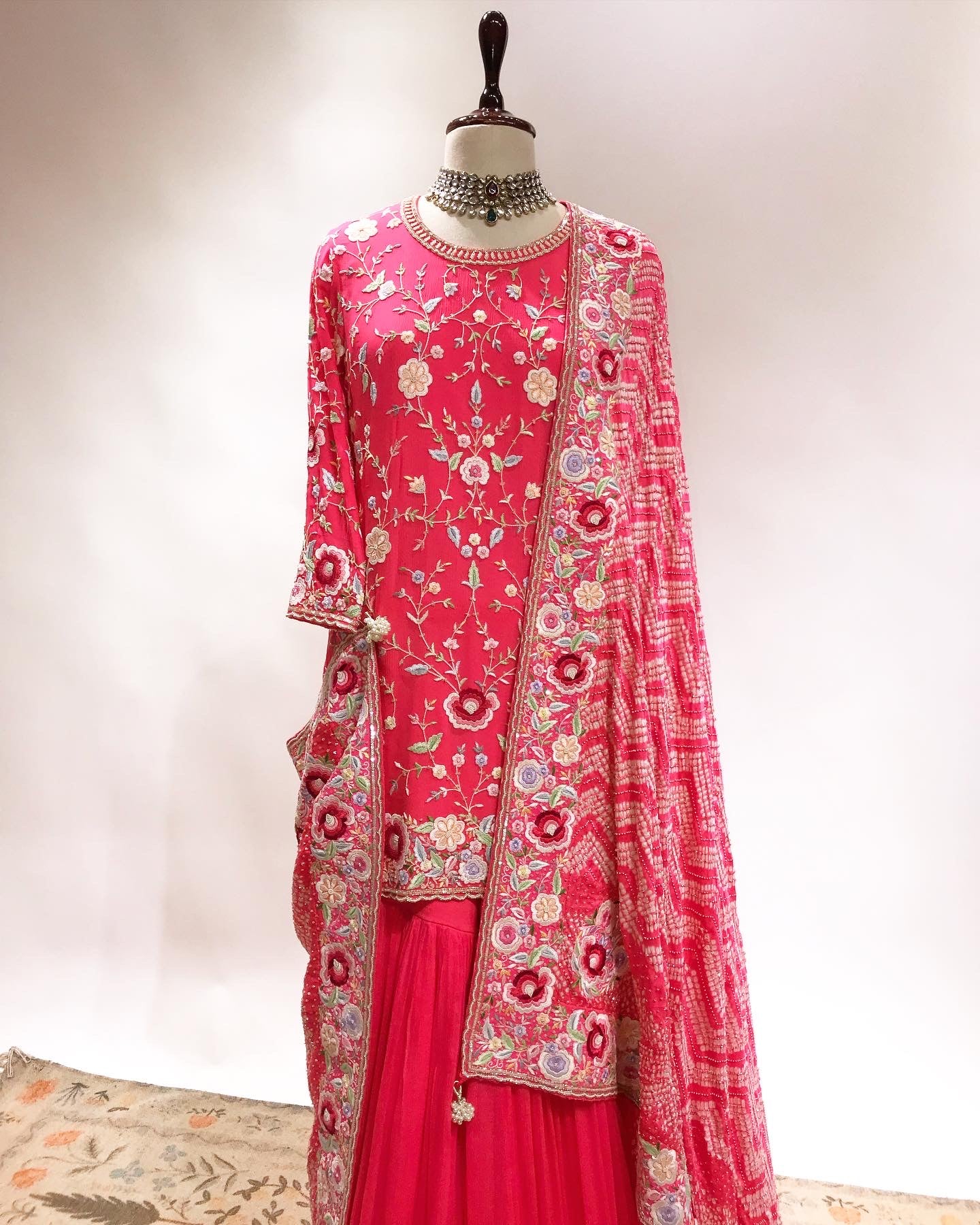 PARSI GARA SHARARA WITH BANDHEJ DUPATTA IN FINE PEARLS, BEADS & GARA BORDER