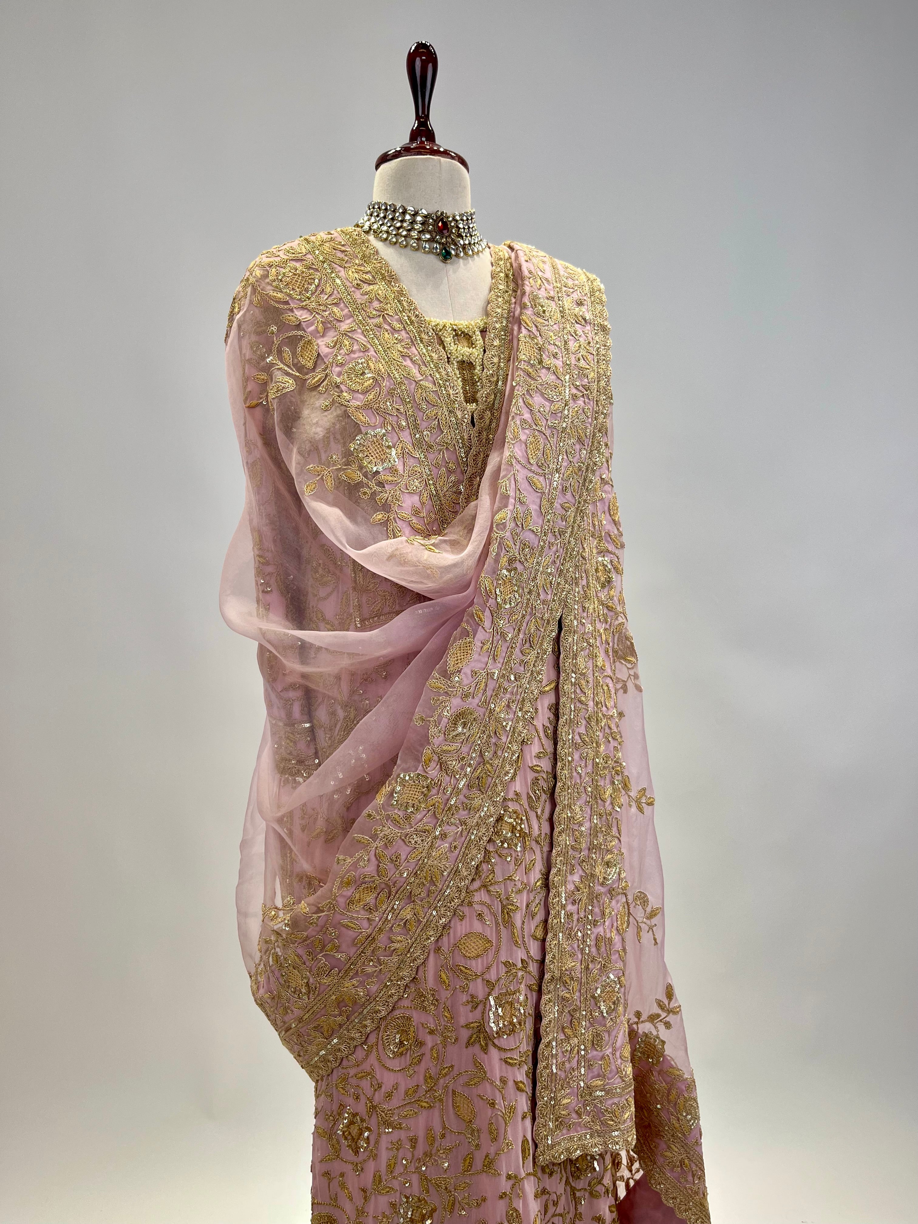 Antique Marodi detailed Chiffon Kurta Set with Organza embroidered dupatta