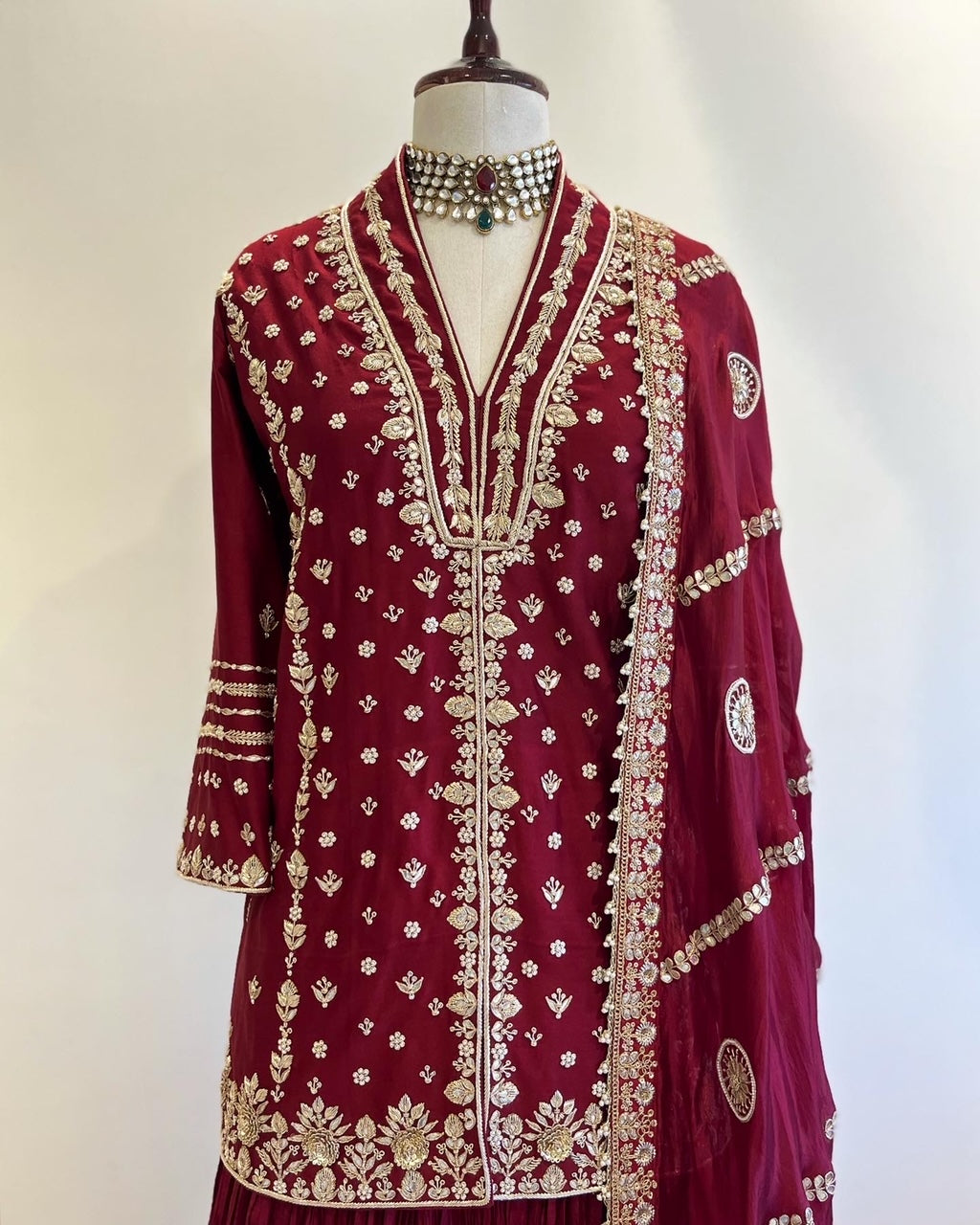 WINE SHORT JACKET KURTA SHARARA