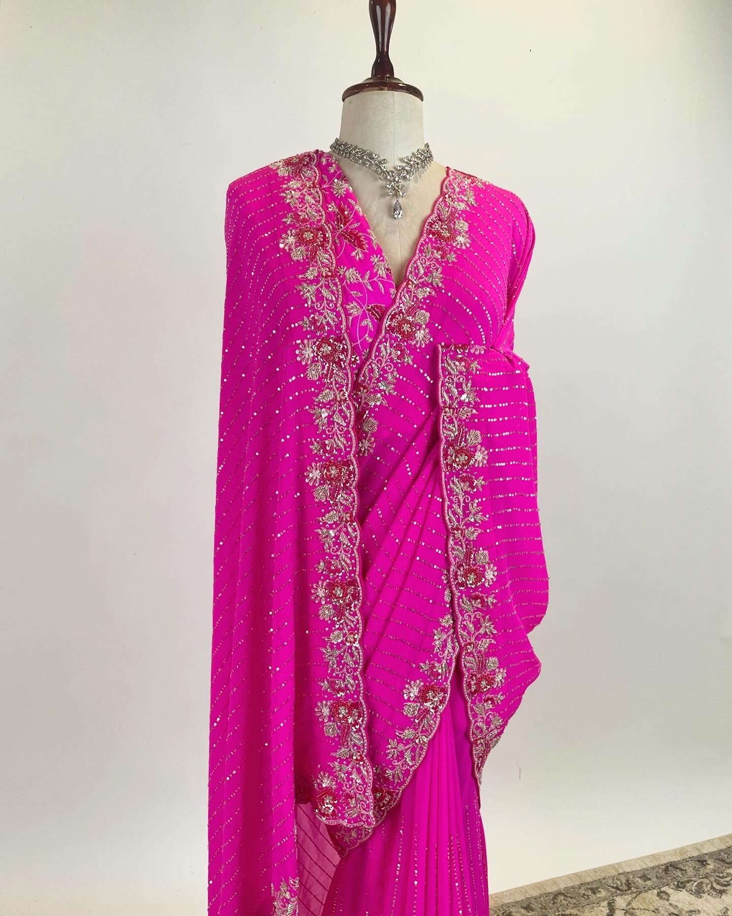 Hot Pink Gorgette Saree in Zardosi, Resham and Tiki work