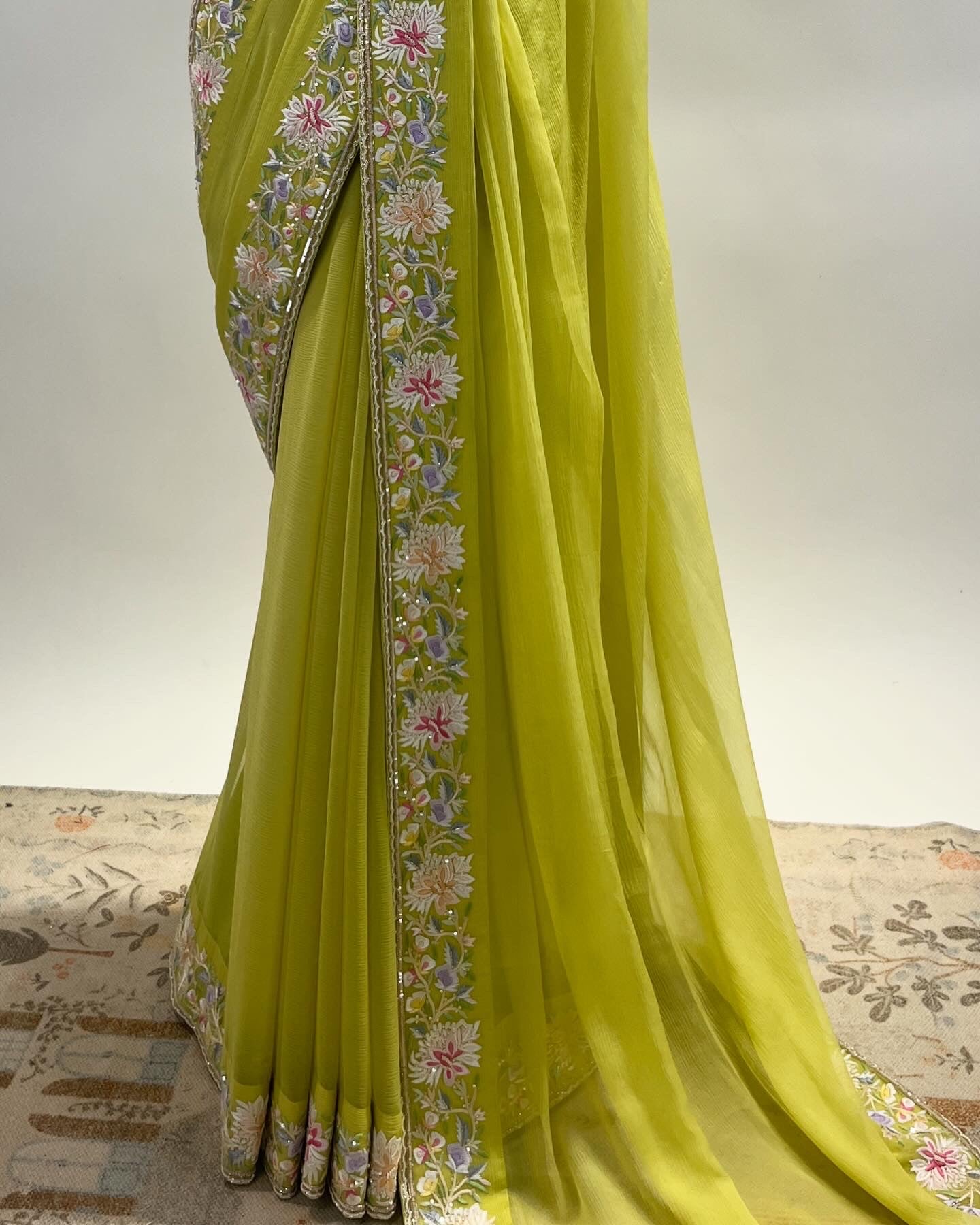 LIME GREEN CHIFFON EKTAAR FINE GARA EMBROIDERED BORDER SAREE