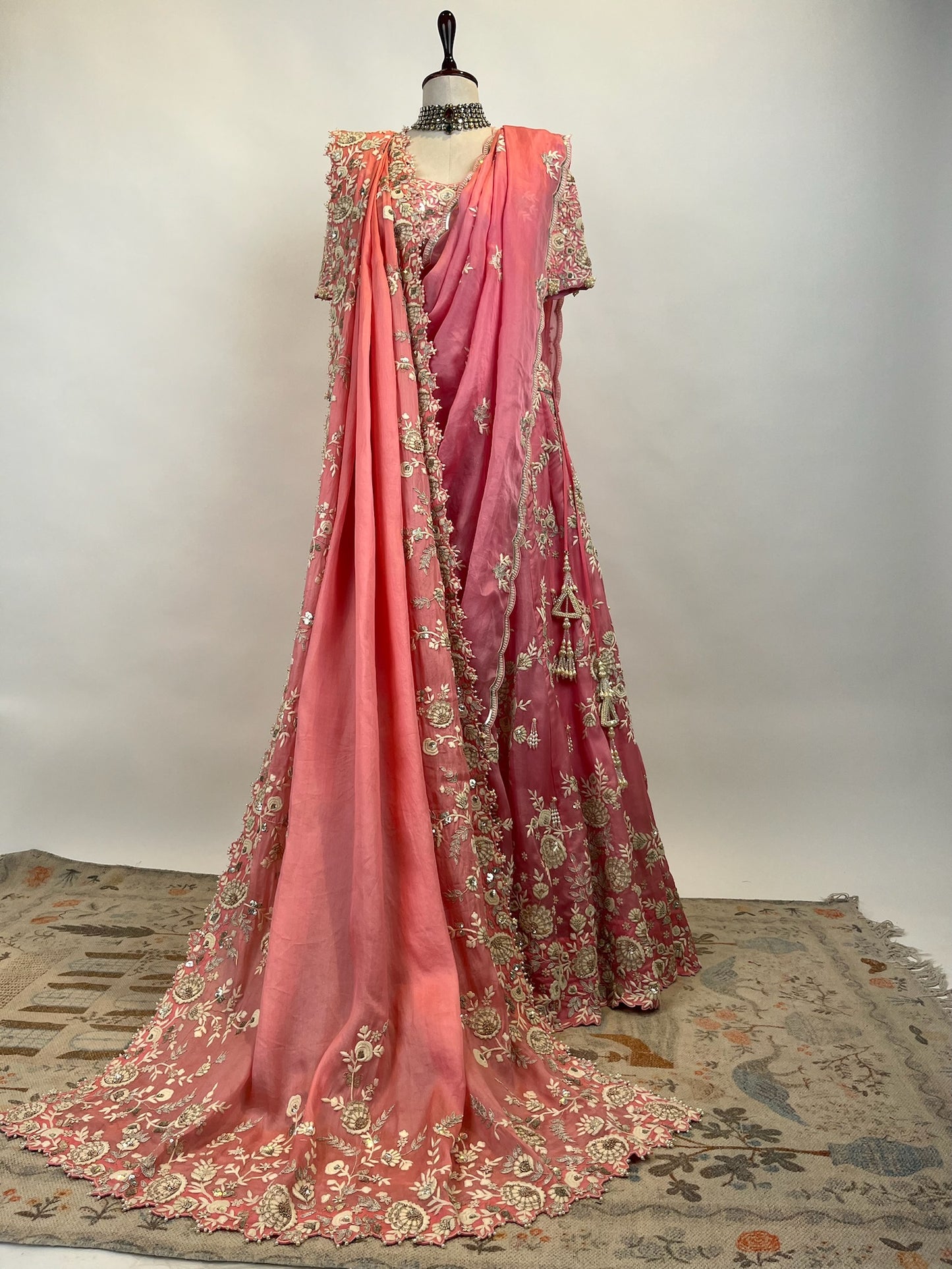 PINK LEHENGA WITH WHITE RESHAM WORK AND 2 DUPATTAS