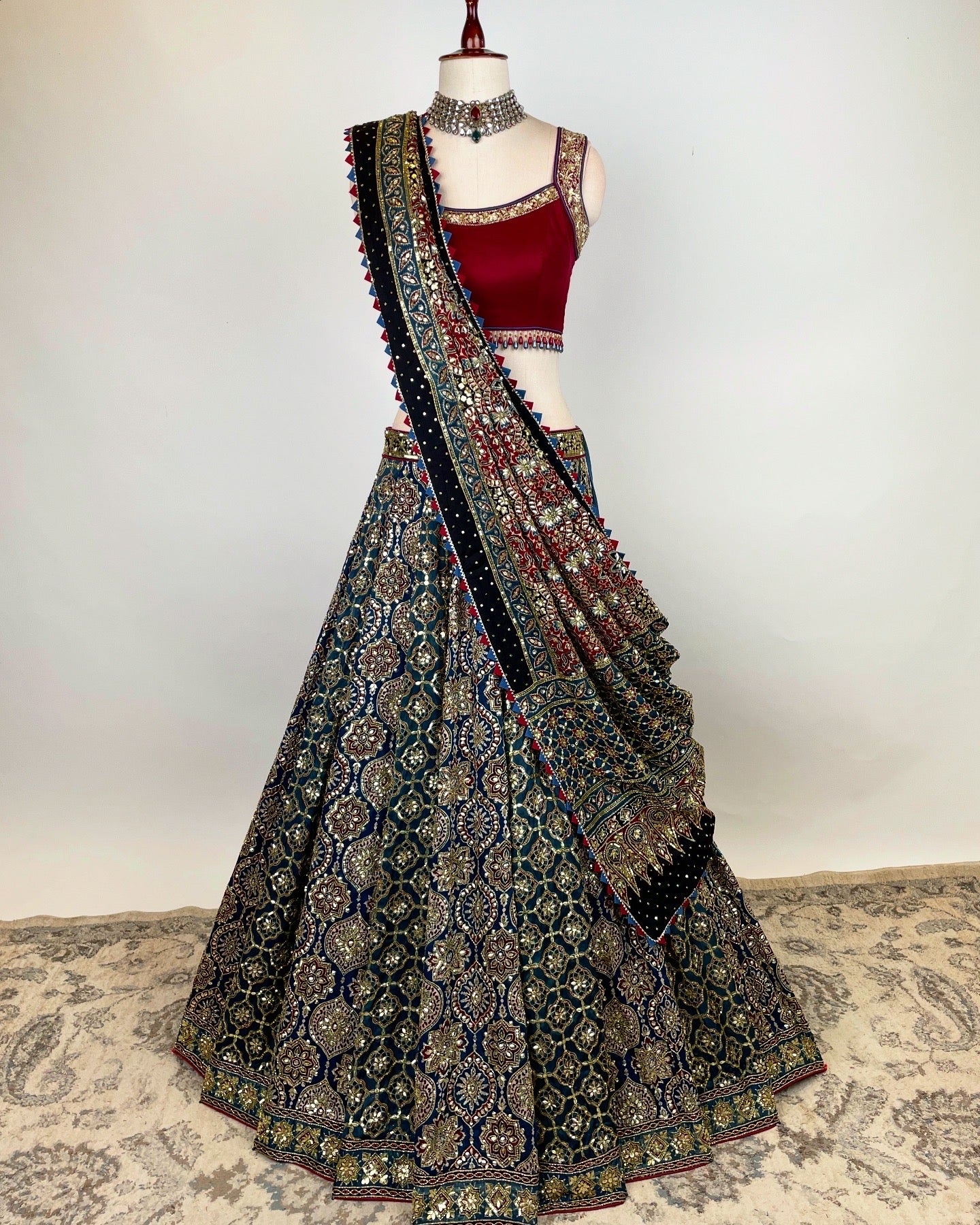 INDIGO AJRAKH LEHENGA WITH MARODI GOTA & ZARDOSI WORK