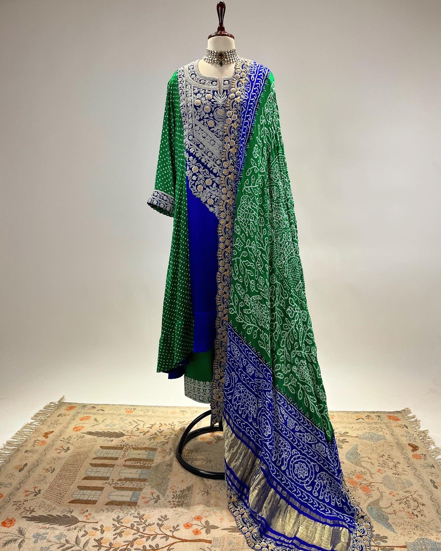 ROYAL BLUE & EMERALD GREEN AABHA ENSEMBLE IN SILVER MARODI & BANDHEJ WORK