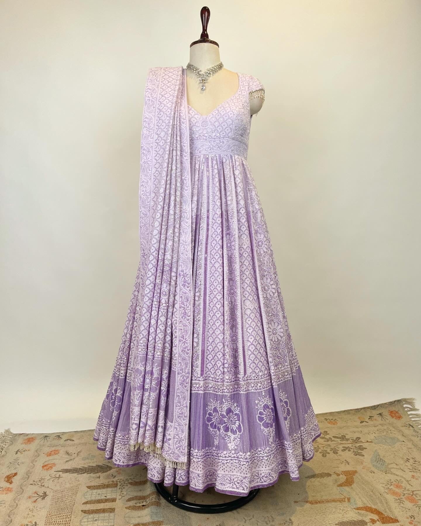 LAVENDER OMBRE ANARKALI IN DO TAAR CHIKANKARI WITH STONES SEQUIN & GLASS PIPES