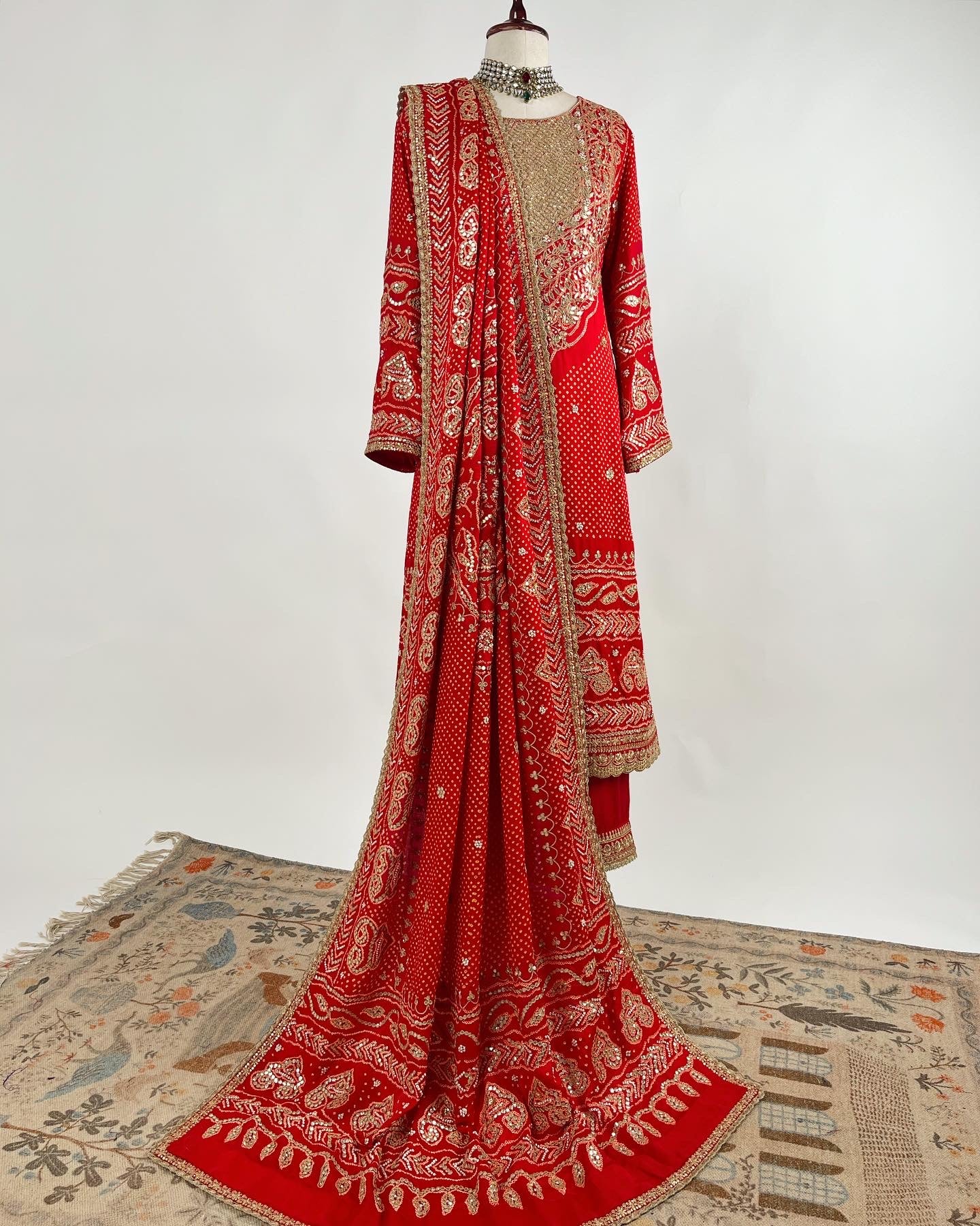 RED RAI BANDHEJ AABHA KURTA ENSEMBLE IN MARODI & GOTAPATTI WORK