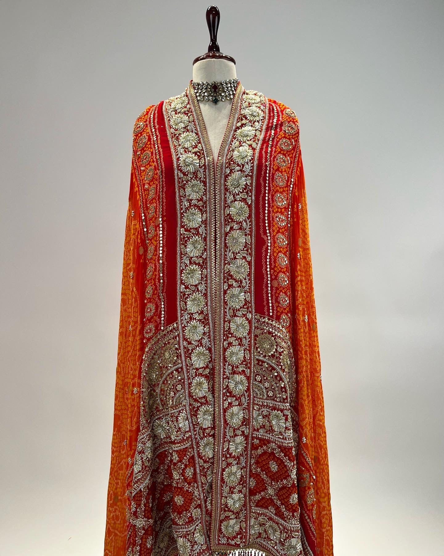 ORANGE & RED RAI BANDHEJ ODHNA WITH ZARDOSI WORK