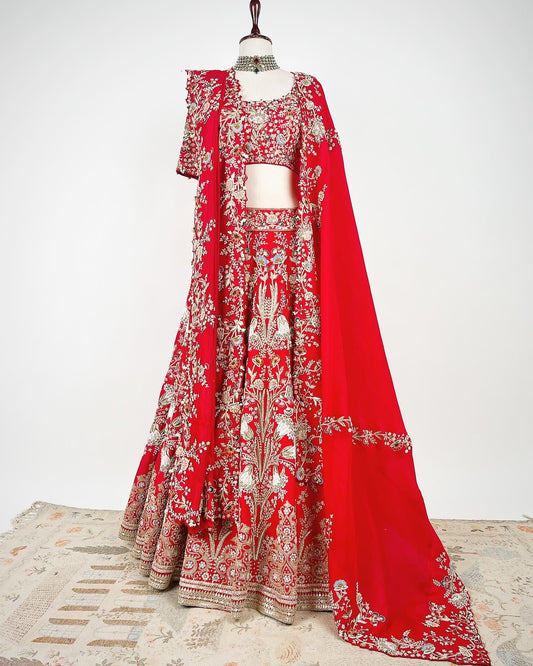 BRIDAL RED LEHENGA WITH DELICATE RESHAM, MARODI & ZARDOSI WORK WITH 2 DUPATTAS