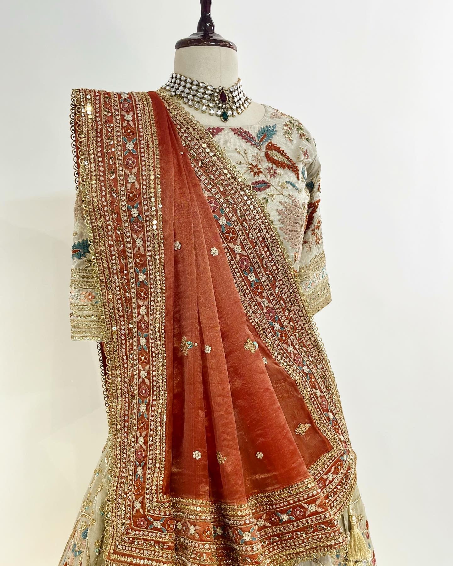 SILVER TISSUE LEHENGA WITH MARODI & RESHAM WORK