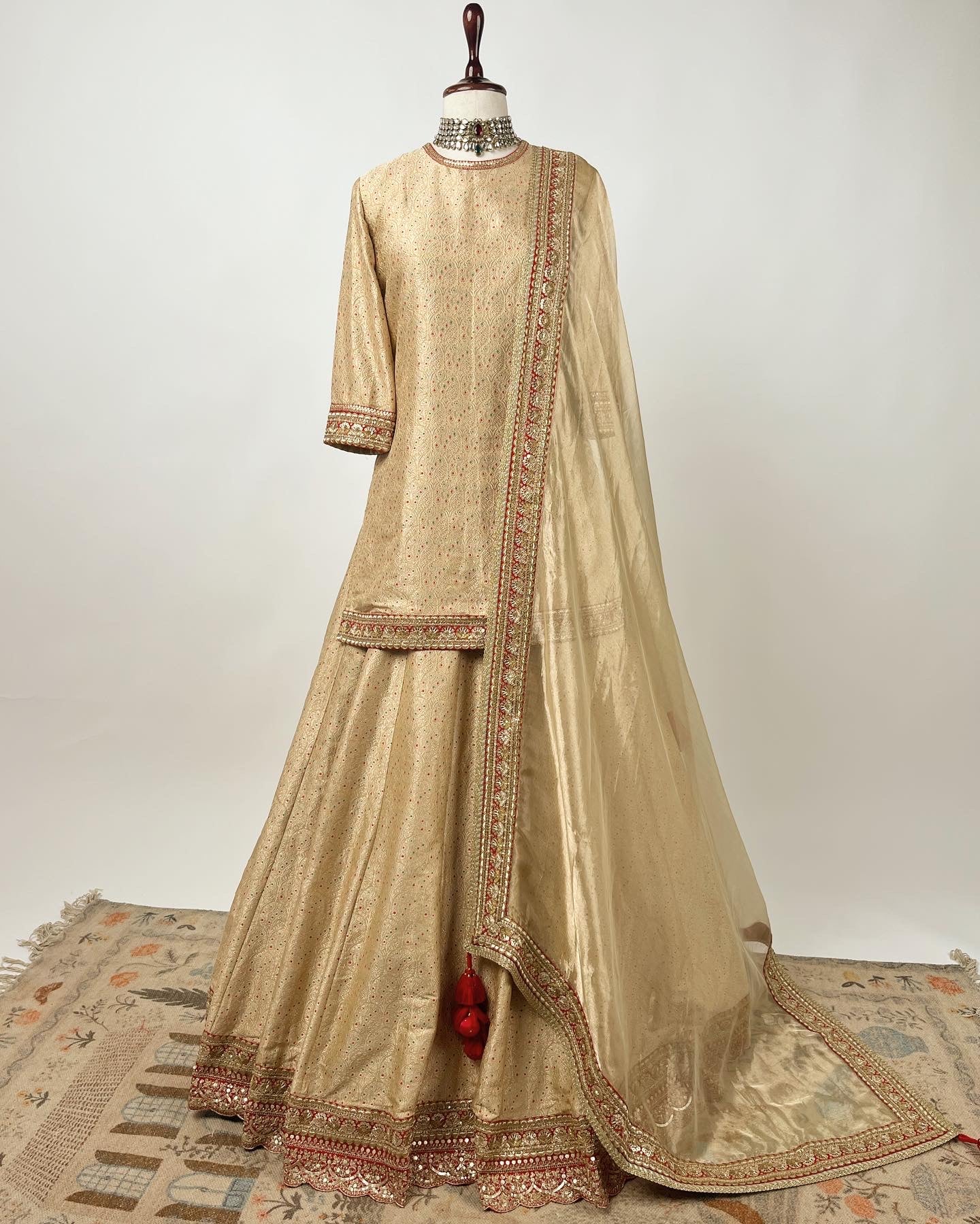 MEENAKARI BROCADE LEHENGA PAIRED WITH BROCADE SHORT KURTA & HANDLOOM TISSUE ORGANZA DUPATTA