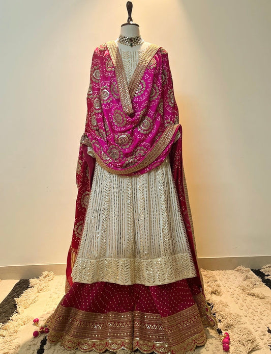 OFF WHITE MUKAISH WORK ANARKALI WITH BANDHEJ SHARARA