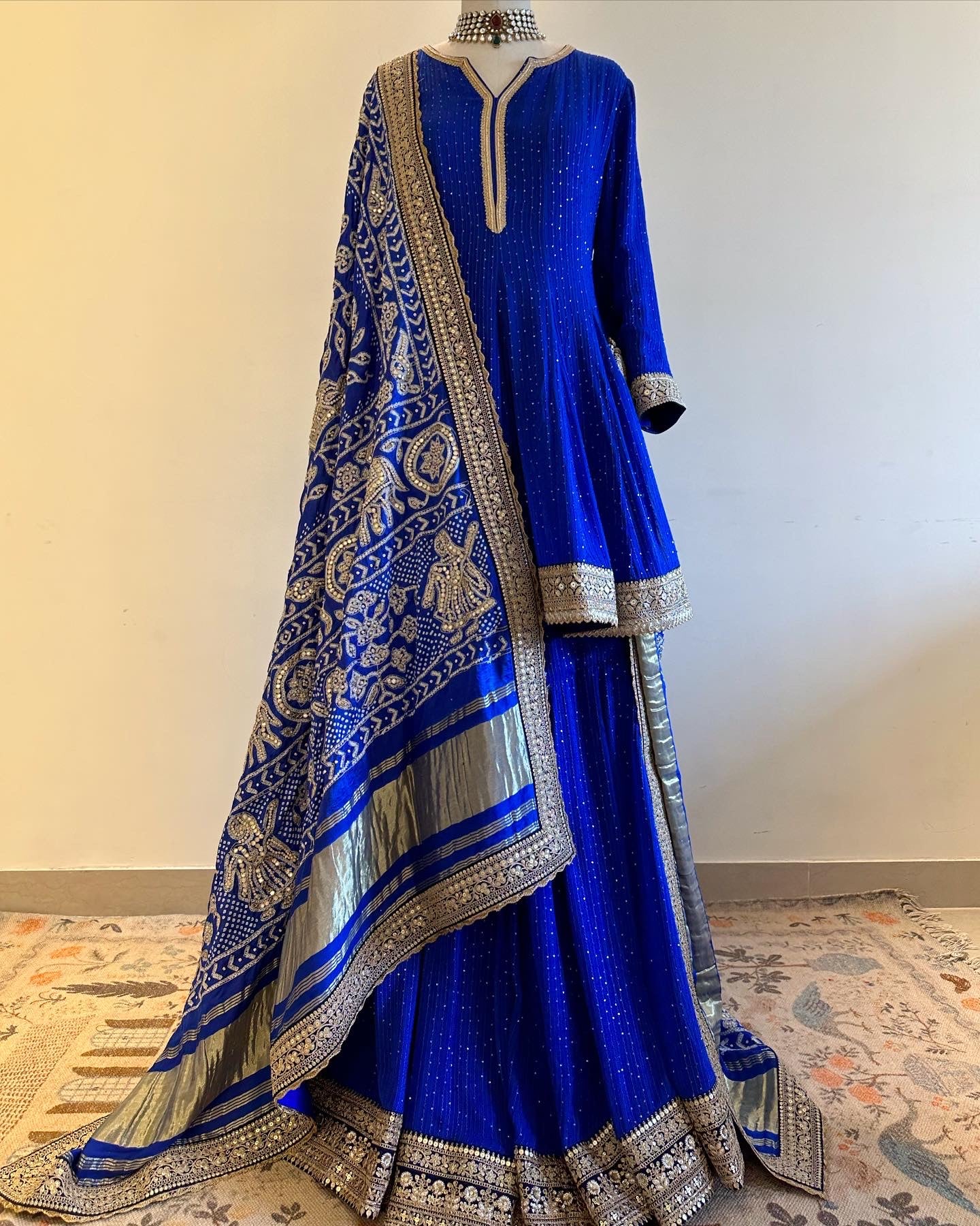 ROYAL BLUE SHARARA KURTA SET WITH RAAS BANDHEJ DUPATTA IN GOTA & FINE PEARL WORK