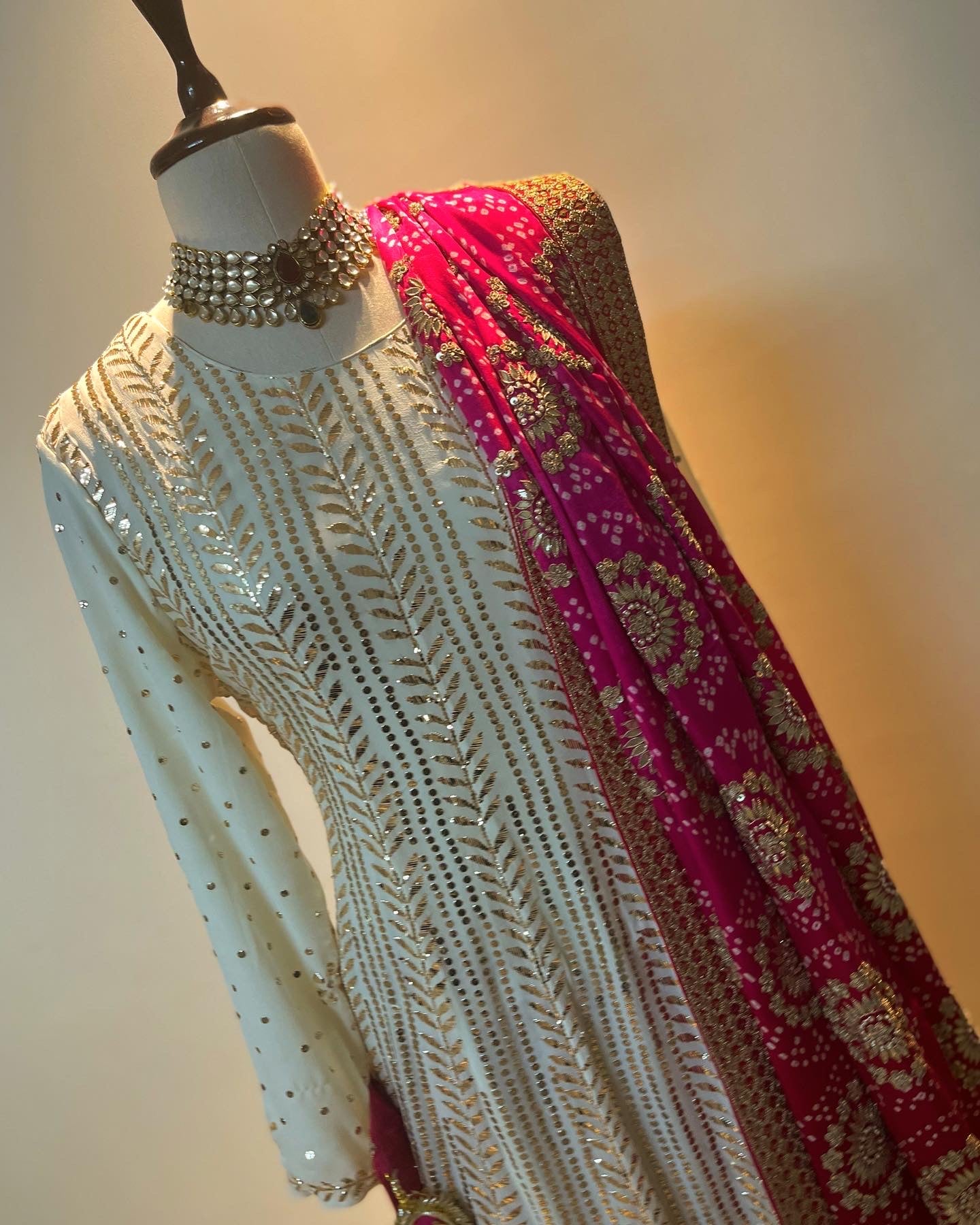 OFF WHITE MUKAISH WORK ANARKALI WITH BANDHEJ SHARARA