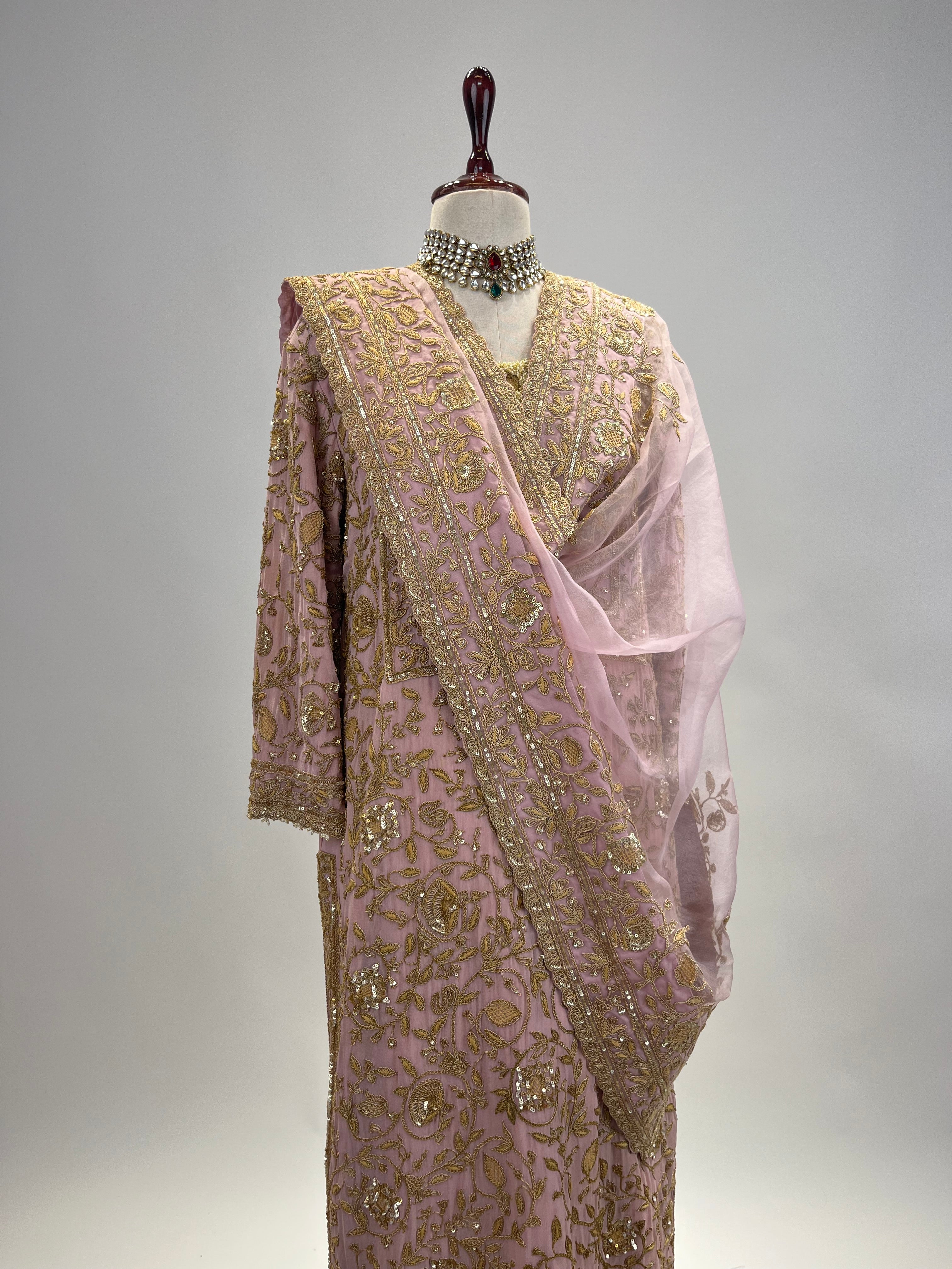 Antique Marodi detailed Chiffon Kurta Set with Organza embroidered dupatta