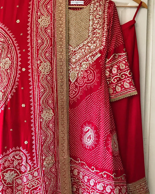 RED BANDHEJ KURTA SET