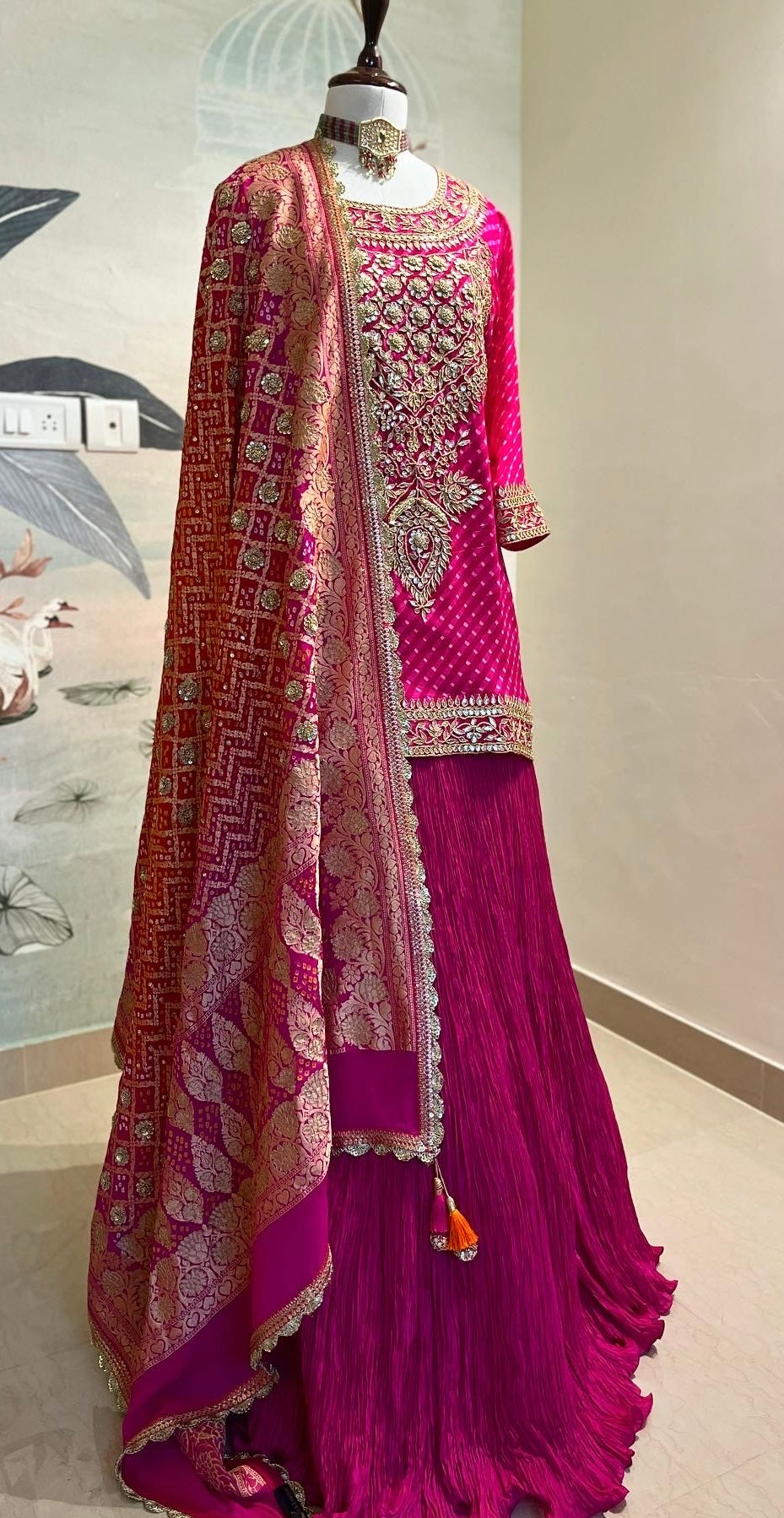 MAGENTA PINK SHORT KURTA WITH CRUSHED SILK LEHENGA