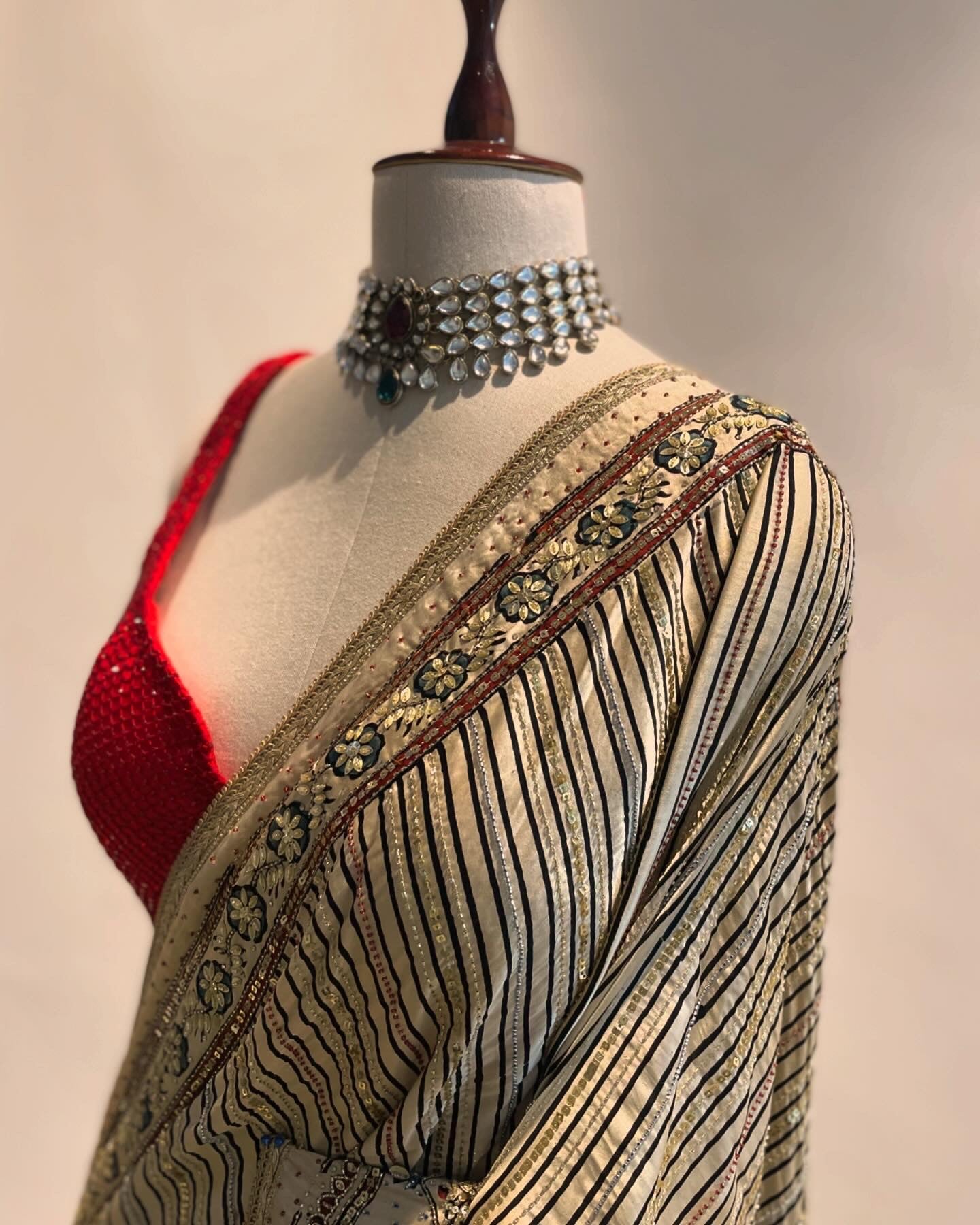 Striped Hand Blocked Ajrakh with Zardosi Saree with a Rhinestone Studded Blouse 