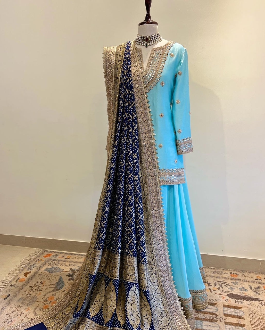 LIGHT BLUE SHORT KURTA LEHENGA SET WITH BANDHEJ DUPATTA