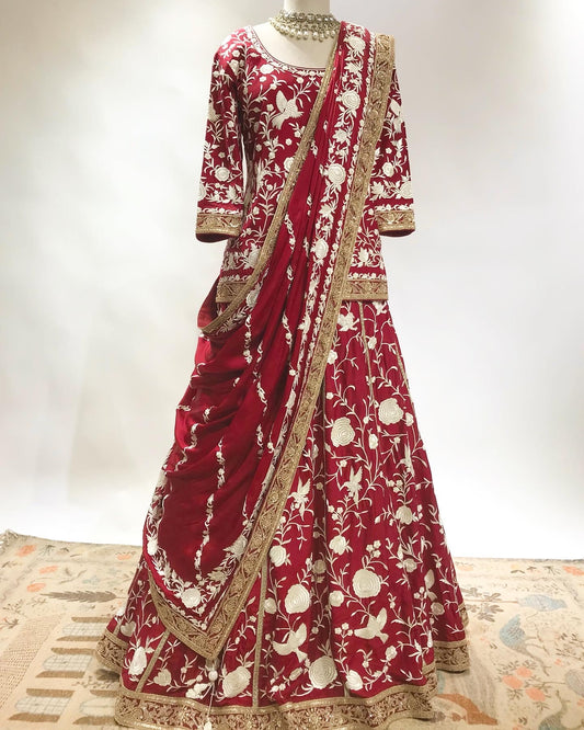 UNICOLOURE GARA & MARODI EMBROIDERED IN DEEP MAROON HUES LEHENGA ENSEMBLE