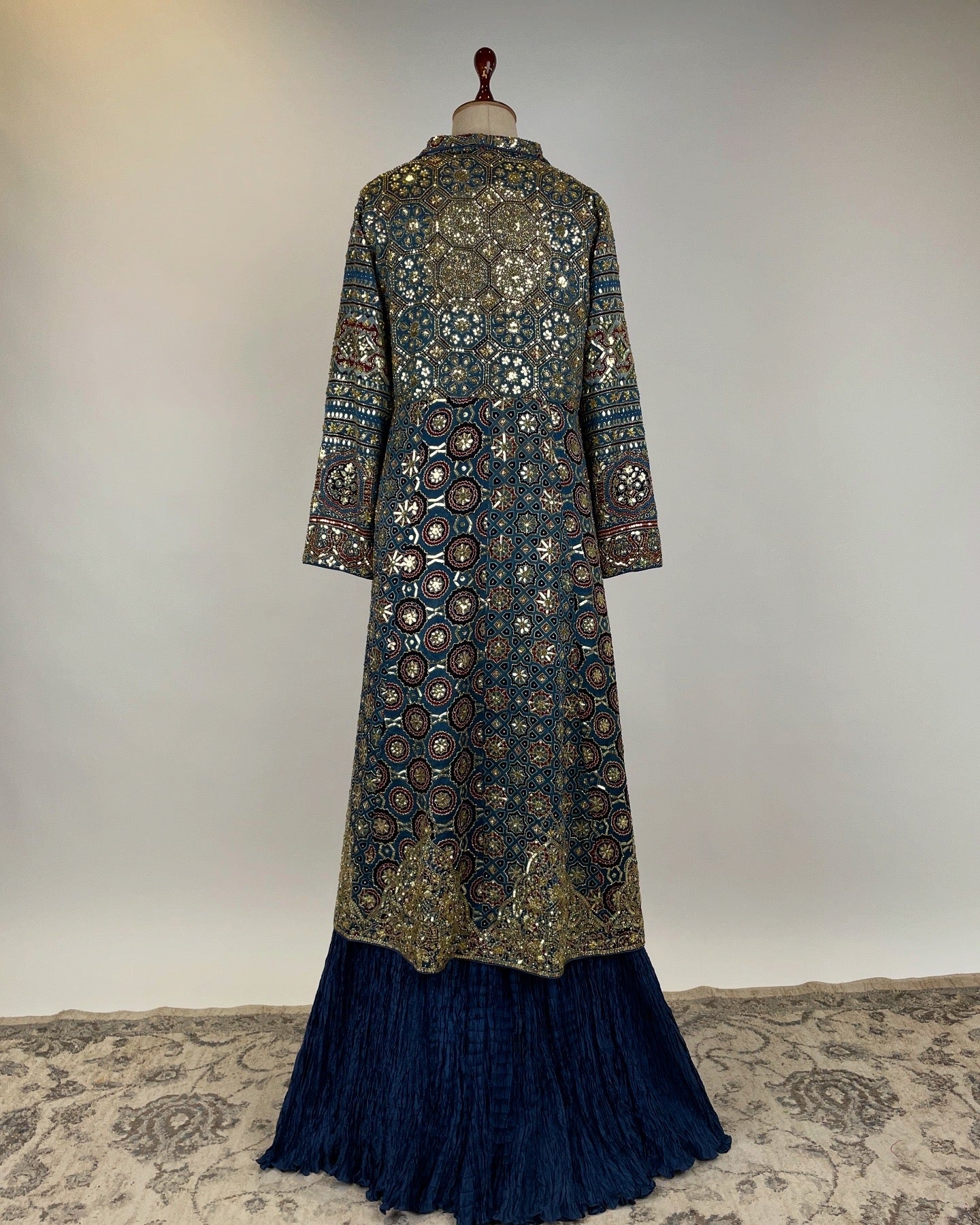 BLUE AJRAKH JACKET WITH ZARDOZI WORK PAIRED WITH CRUSHED SHARARA