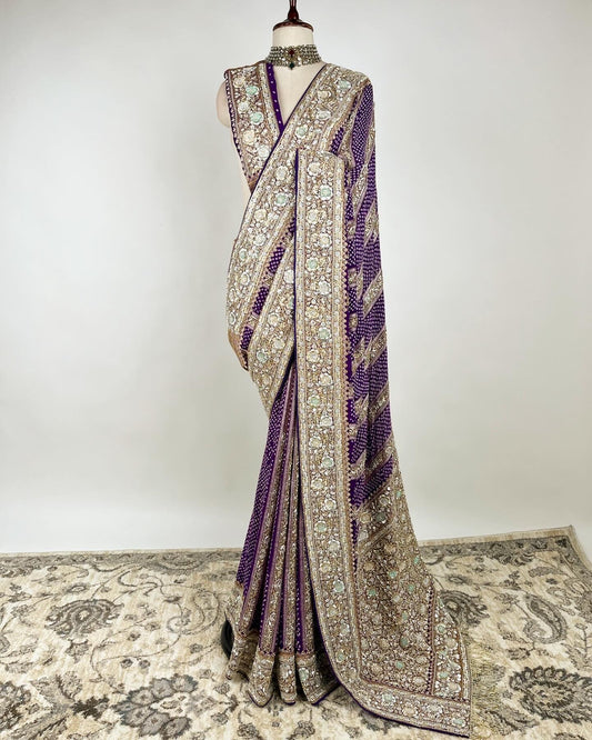 PURPLE RAI BANDHEJ SAREE WITH INTRICATE ZARDOSI DETAILING