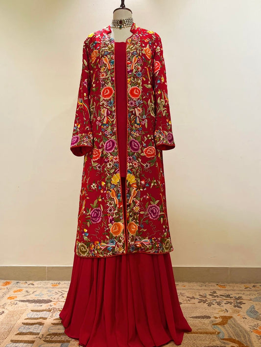 RED PARSI GARA JACKET WITH SHORT KURTA & SHARARA