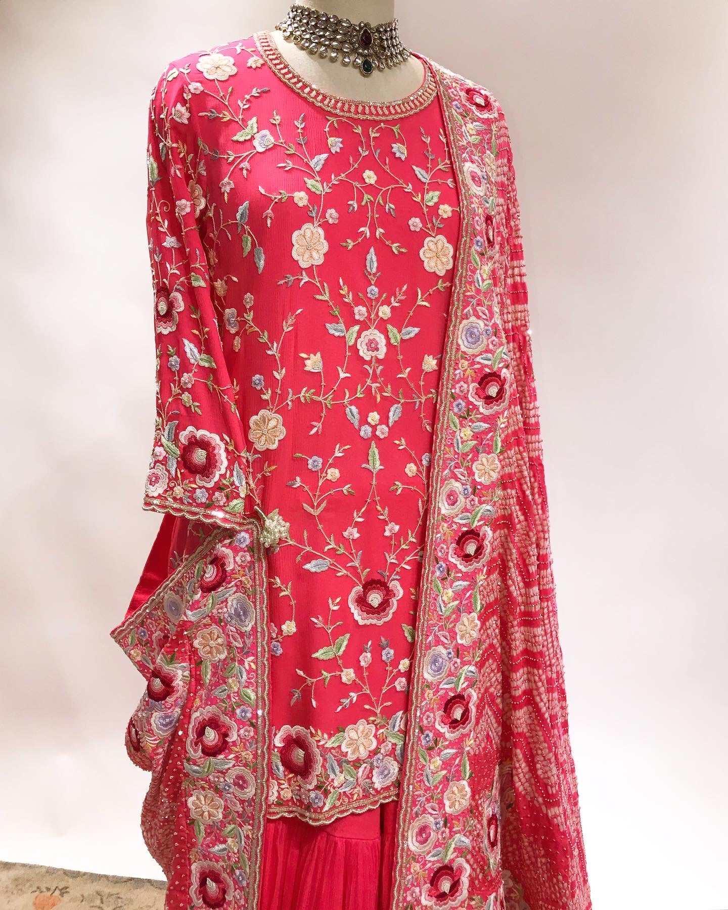 PARSI GARA SHARARA WITH BANDHEJ DUPATTA IN FINE PEARLS, BEADS & GARA BORDER