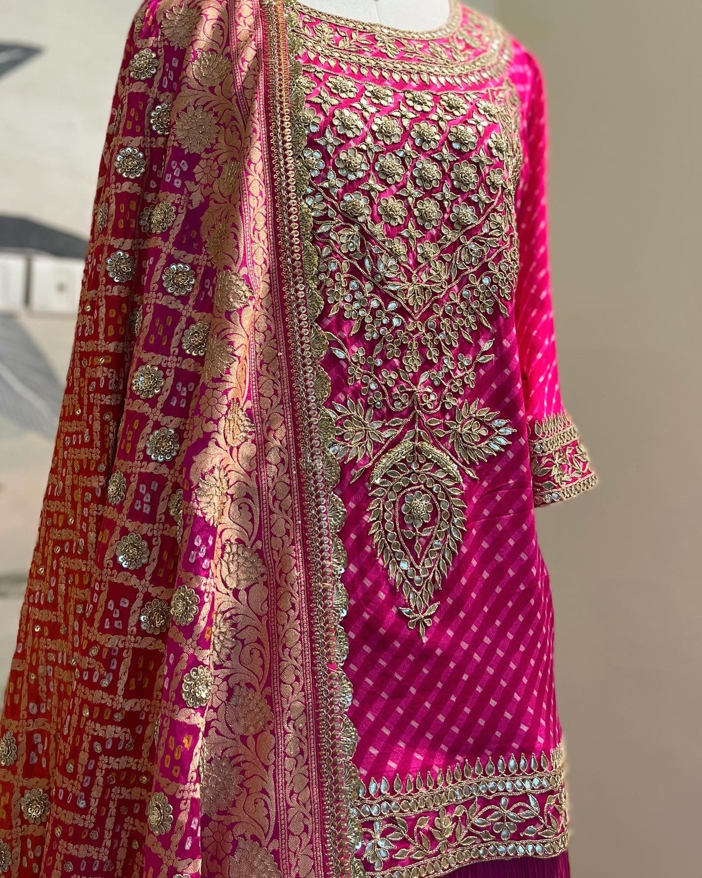 MAGENTA PINK SHORT KURTA WITH CRUSHED SILK LEHENGA