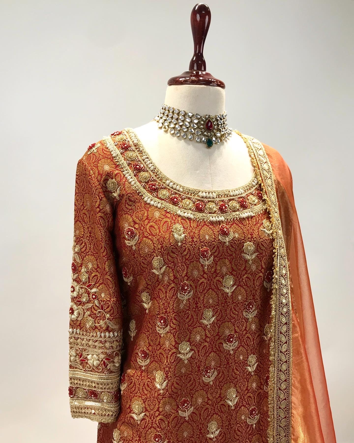 BROCADE SHORT KURTA & LEHENGA SET WITH FRENCH KNOT & MARODI WORK