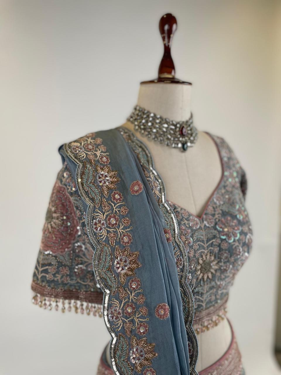 DUSTY BLUE AND PINK VELVET LEHENGA SET IN ZARDOSI