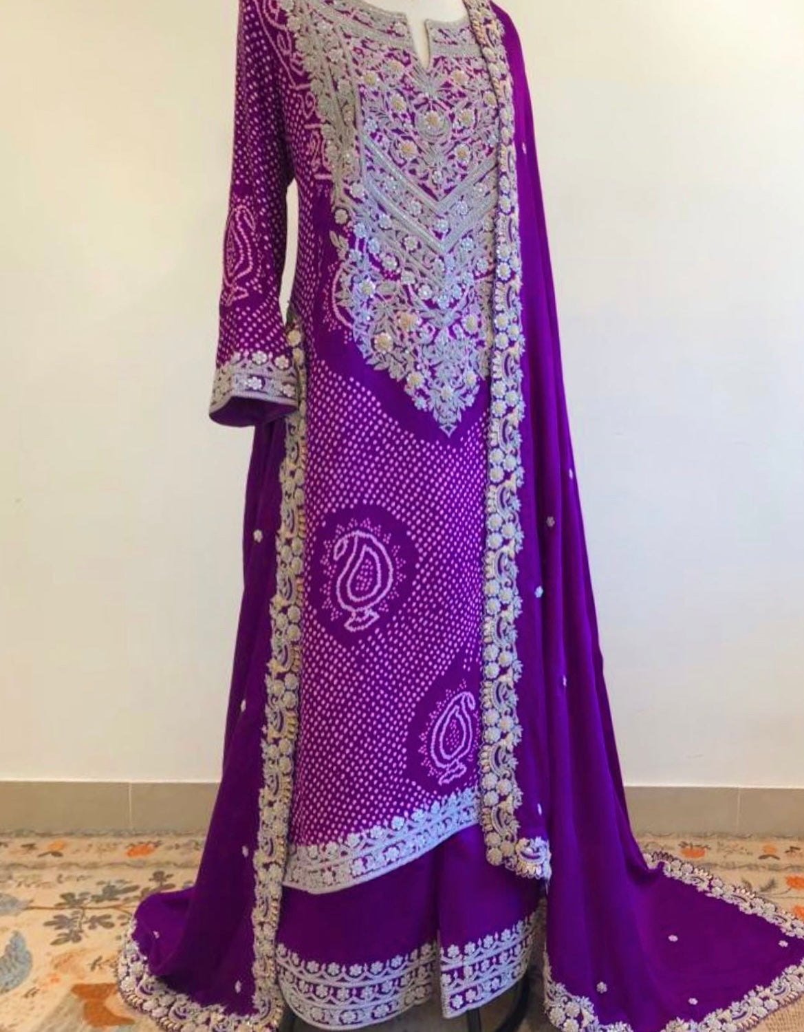 PURPLE RAI BANDHEJ AABHA WITH SILVER & LIGHT GOLD MARODI WORK