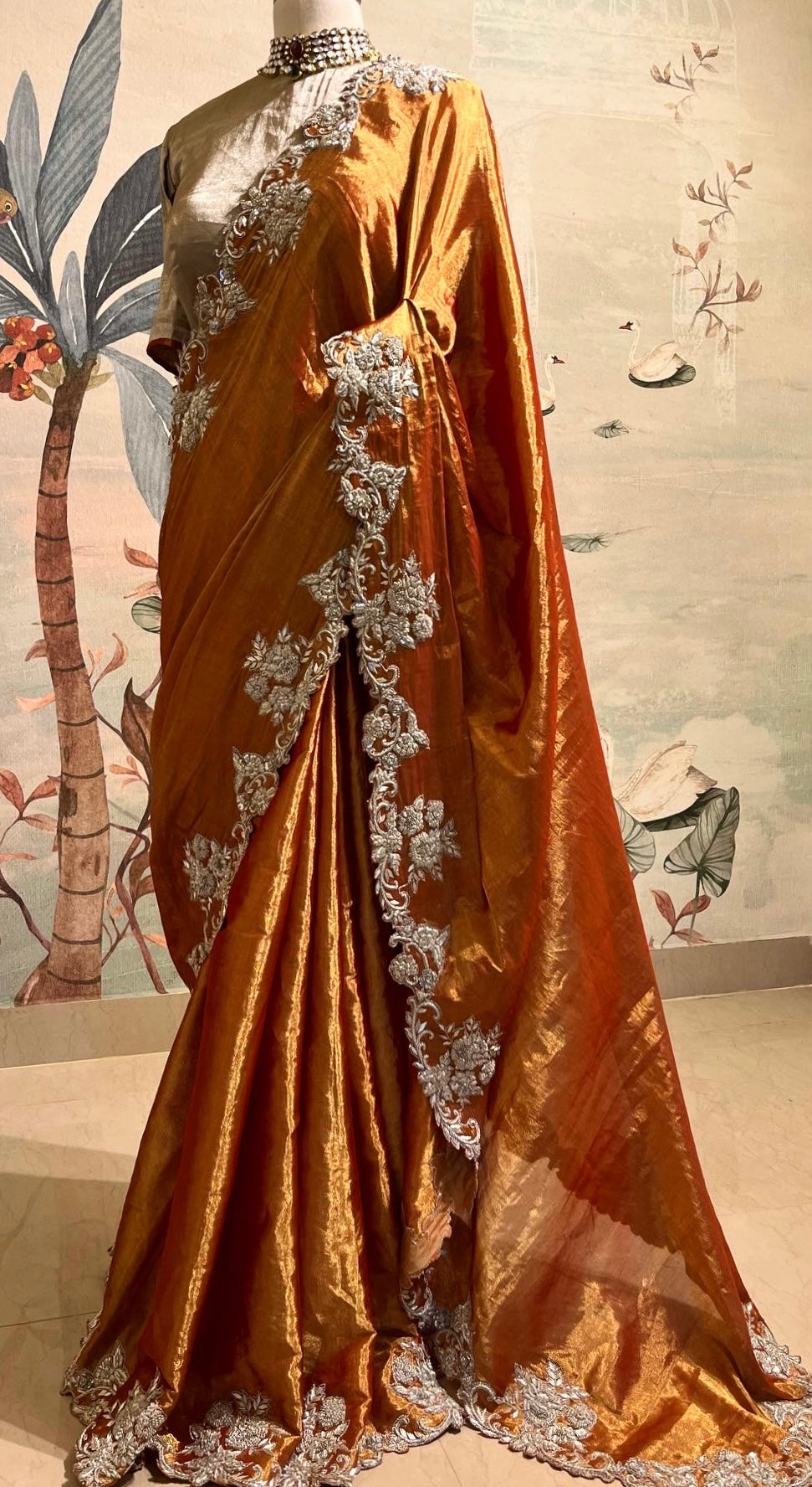 RUSTIC GOLD TISSUE SILK SAREE WITH SILVER ZARDOSI WORK & SILVER TISSUE BLOUSE