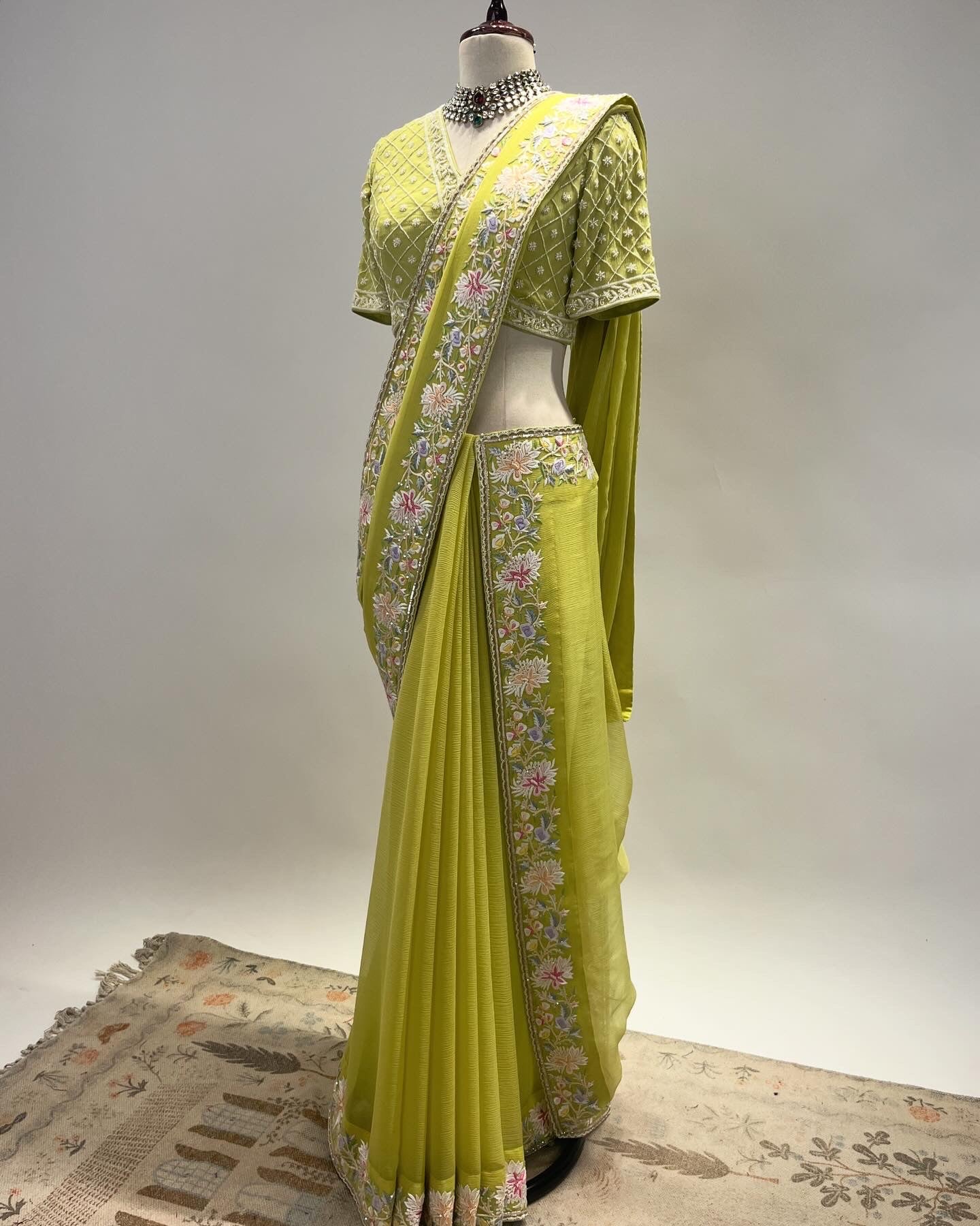 LIME GREEN CHIFFON EKTAAR FINE GARA EMBROIDERED BORDER SAREE