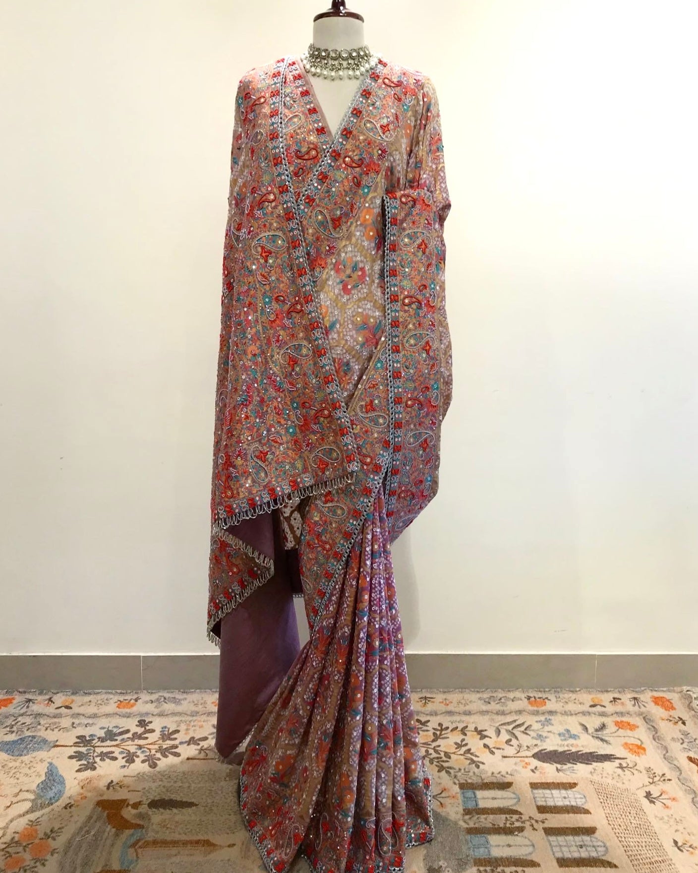 JAMEWAR & RAI BANDHEJ SAREE WITH BAREEK AABLA, PEARL & SEQUIN WORK