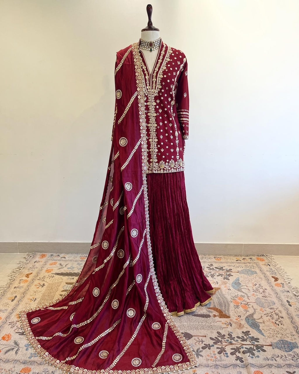 WINE SHORT JACKET KURTA SHARARA