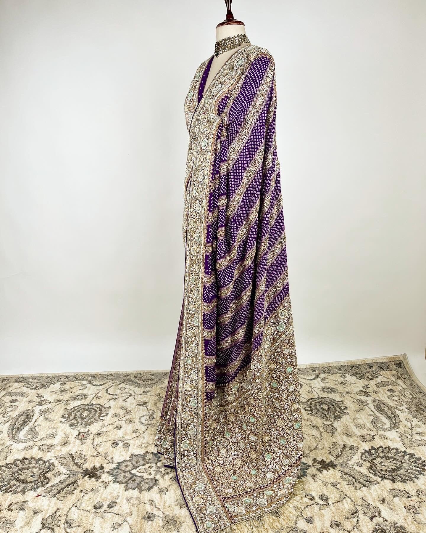 PURPLE RAI BANDHEJ SAREE WITH INTRICATE ZARDOSI DETAILING