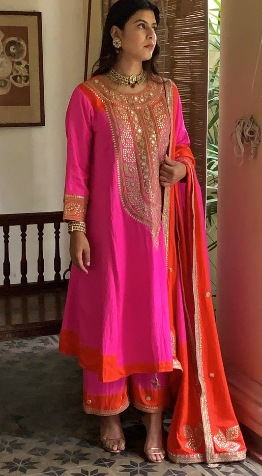 ORANGE & PINK KALI KURTA SET WITH MIRROR WORK & GOTA WORK NECKLINE