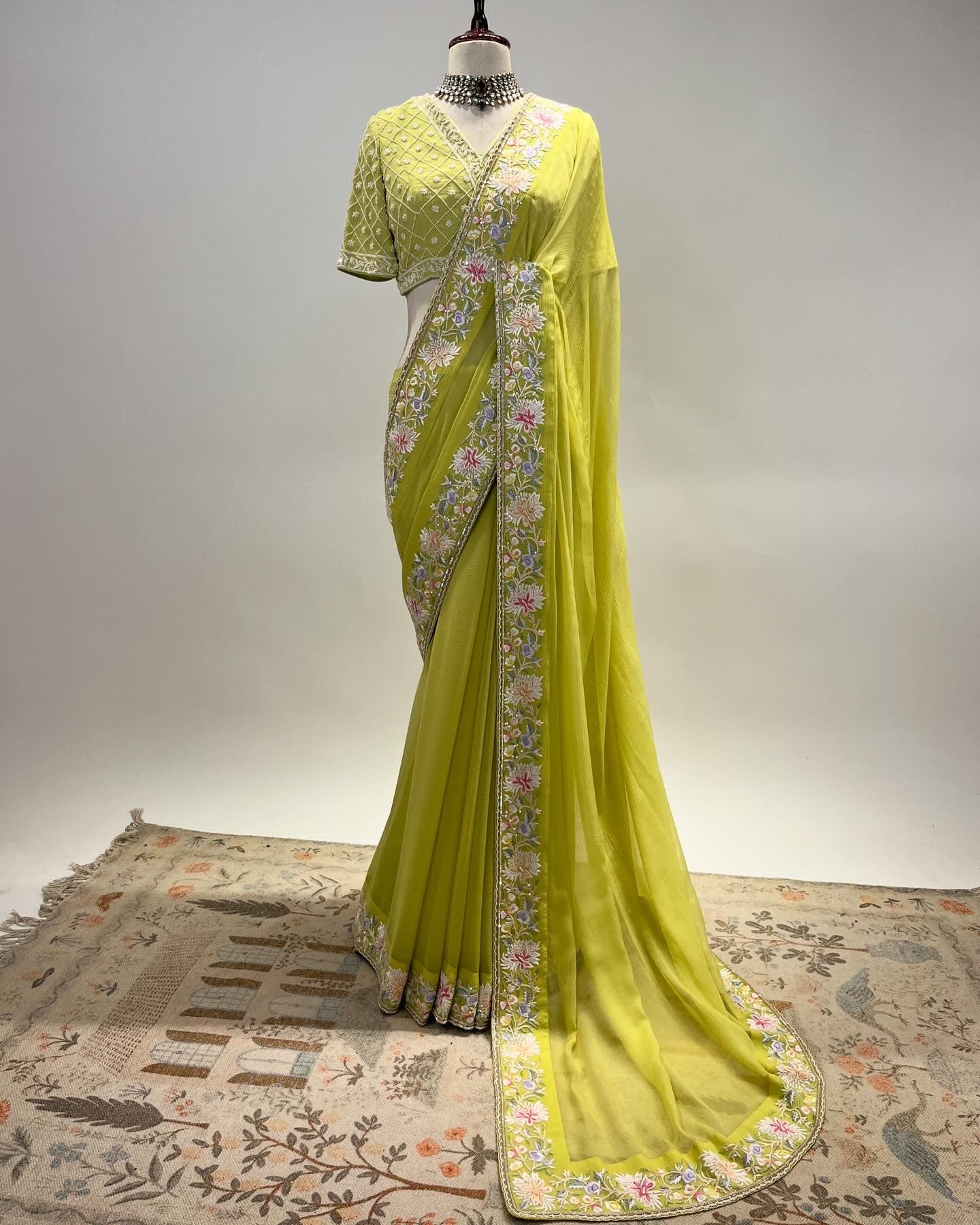 LIME GREEN CHIFFON EKTAAR FINE GARA EMBROIDERED BORDER SAREE