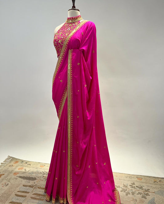 ANTIQUE MARODI WORK SAREE IN PURE SILK WITH A HALTER NECK & BOW BLOUSE