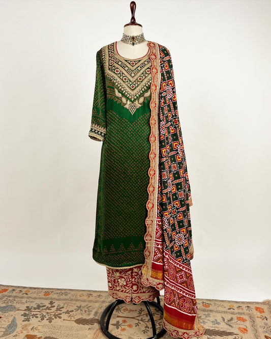 AABHA ENSEMBLE IN MARODI WITH DOUBLE IKAT PATAN PATOLA DUPATTA & EMBROIDERED IJHAR